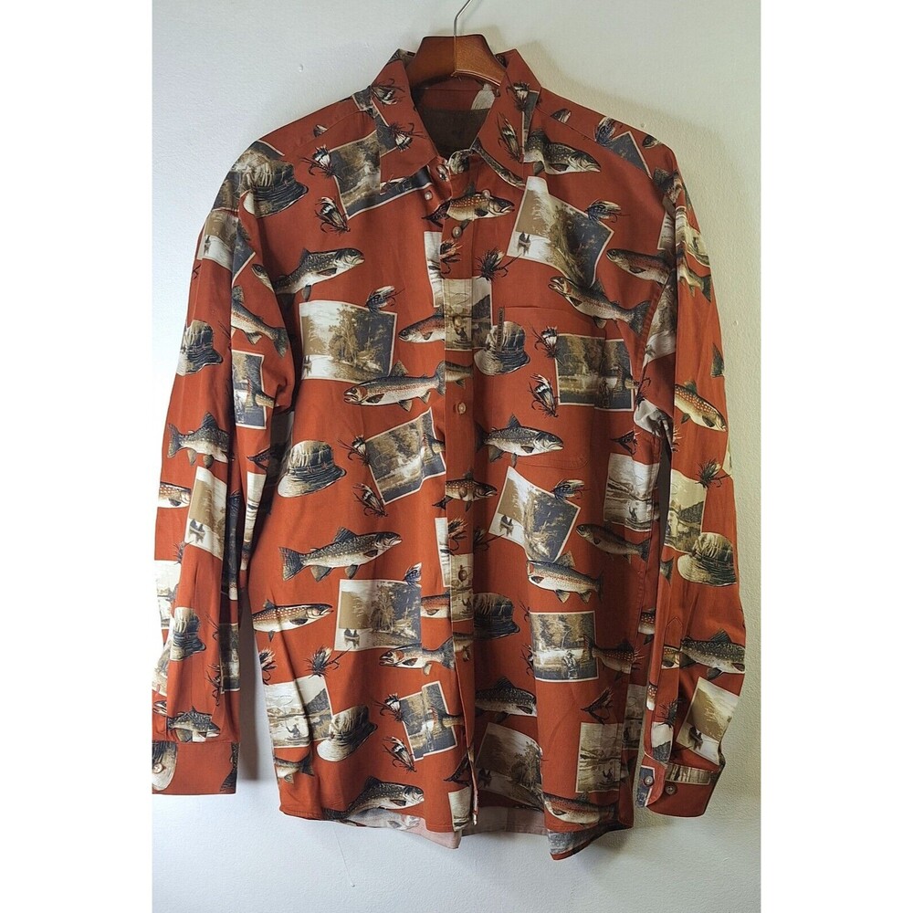 North‎ River Outfitters Men’s Button Down Shirt Size L Fish Pattern Rust Brown